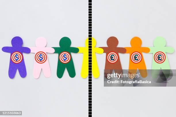 divided men with targeted dollar and pound symbols - facial expression man gray background stock illustrations
