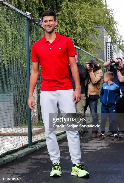 Novak Djokovic of Serbia pose for a photo prior to the news conference on the upcoming Adria Tour tennis tournament at Novak Tennis Centre on May 25,...