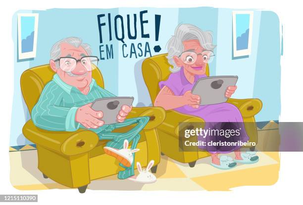 senioren und tablets (stay at home) - casa stock-grafiken, -clipart, -cartoons und -symbole