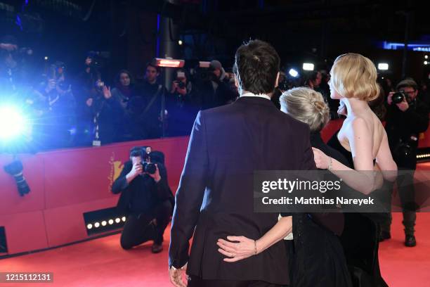 Javier Bardem, director Sally Potter, Elle Fanning and Salma Hayek pose at the "The Roads Not Taken" premiere during the 70th Berlinale International...