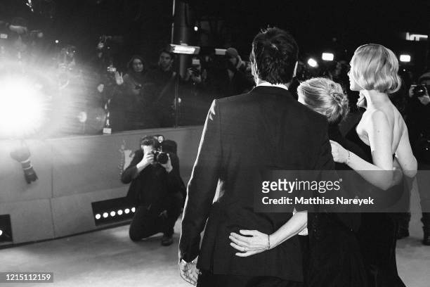 Javier Bardem, director Sally Potter, Elle Fanning and Salma Hayek pose at the "The Roads Not Taken" premiere during the 70th Berlinale International...