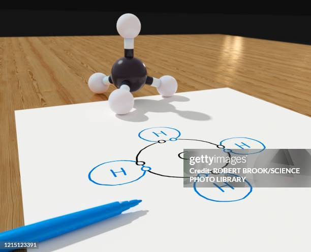 model of methane molecule, illustration. - methaan stockfoto's en -beelden