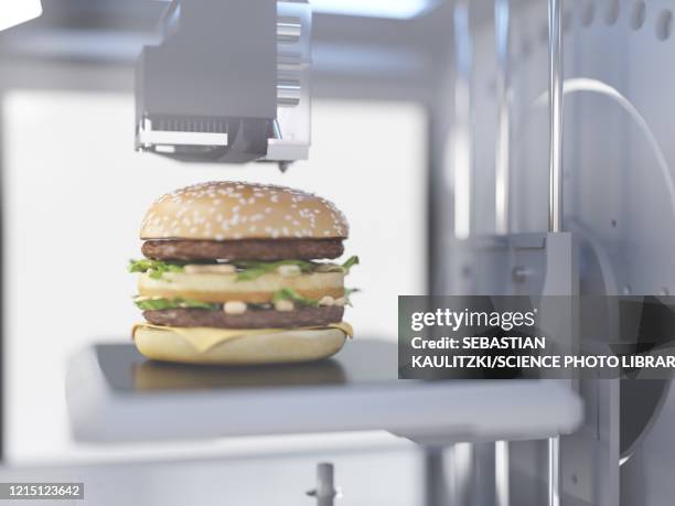 3d printer printing a burger, illustration - food additive stock-grafiken, -clipart, -cartoons und -symbole