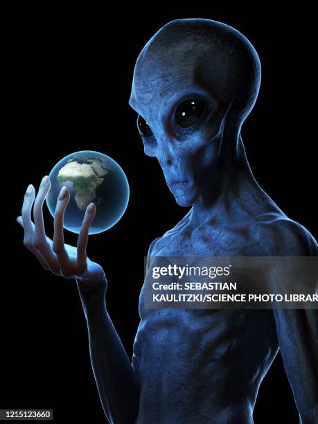 alien holding earth, illustration - grey aliens stock illustrations