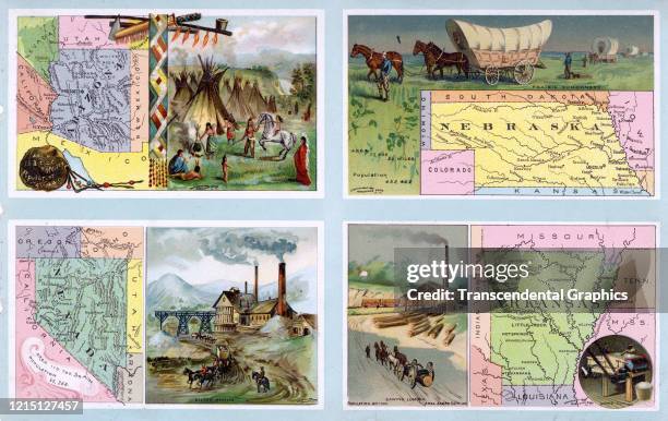 Composite image features four postcards, each of which represents a US state with a map and illustration, 1888. Included here are Arizona, Nebraska,...