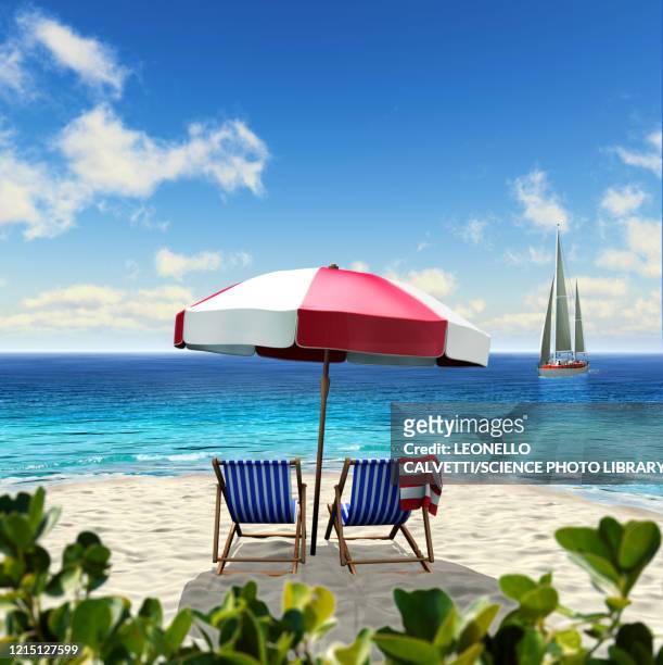 beach scene, illustration - deck chair stock illustrations
