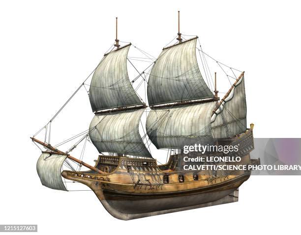 stockillustraties, clipart, cartoons en iconen met golden hind galleon, illustration - schooner