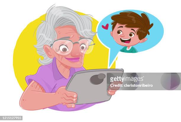 die großmutter auf dem tablet (bleib zu hause) - casa stock-grafiken, -clipart, -cartoons und -symbole