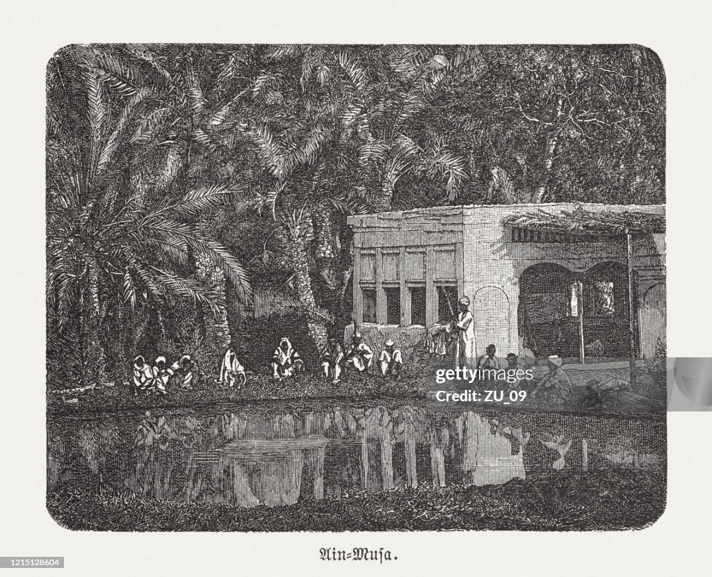 Moses spring, Wadi Musa, Jordan, wood engraving, published 1893