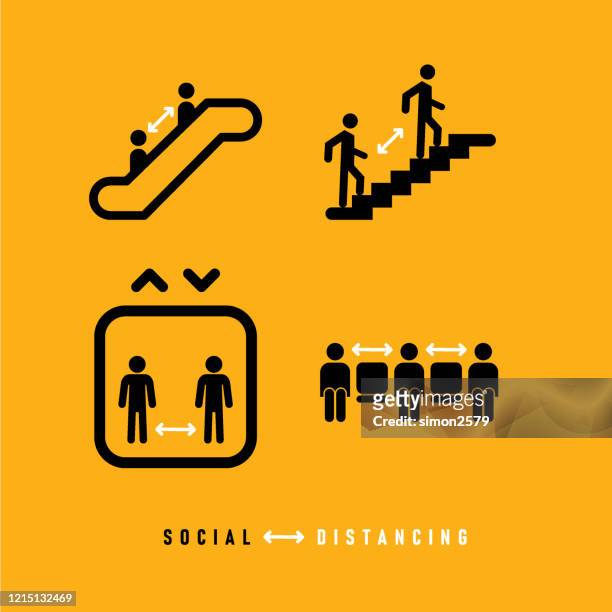 ilustraciones, imágenes clip art, dibujos animados e iconos de stock de conjunto de iconos de distanciamiento social - escalator