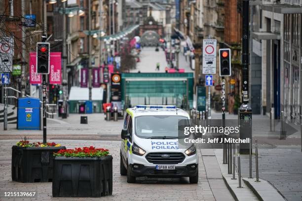 Police patrol Buchanan Street on March 27, 2020 in Glasgow, Scotland.Scotland. First Minister of Scotland Nicola Sturgeon along with British Prime...