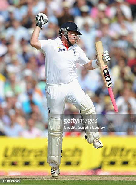 Ian Bell of England celebrates his 200 runs during day three of the 4th npower Test Match between England and India at The Kia Oval on August 20,...