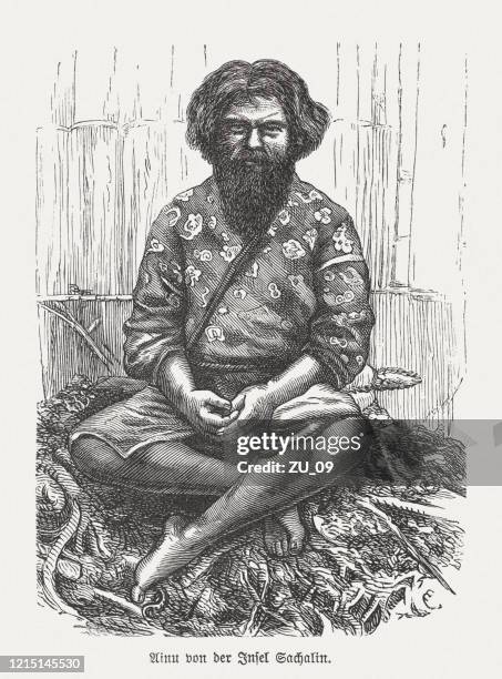 ainu, indigenous people of sakhalin island, russia, woodcut, published 1893 - ainu stock illustrations