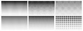 Halftone gradient. Dotted gradient, smooth dots spraying and halftones dot background seamless horizontal geometric pattern vector template set