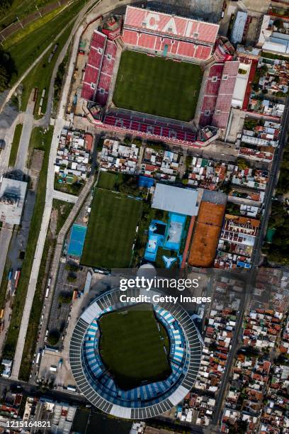 Aerial view of Independiente's Libertadores de América stadium and Racing's Presidente Juan Domingo Perón stadium on March 27, 2020 in Buenos Aires,...