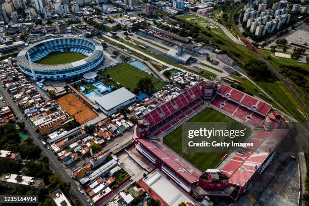Aerial view of Independiente's Libertadores de América stadium and Racing's Presidente Juan Domingo Perón stadium on March 27, 2020 in Buenos Aires,...