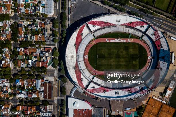 Aerial view of River Plate's Antonio Vespucio Liberti stadium, also known as Monumental Stadium, on March 27, 2020 in Buenos Aires, Argentina....