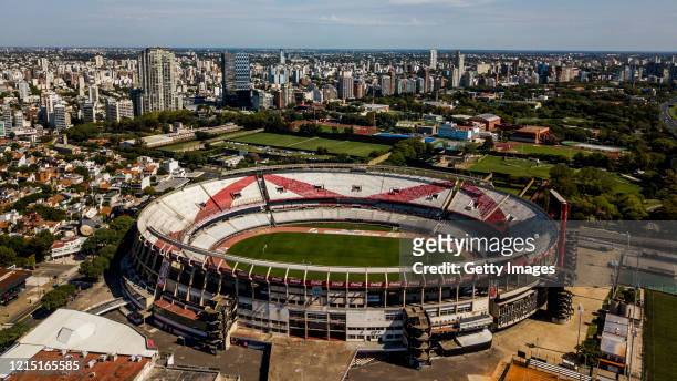 Aerial view of River Plate's Antonio Vespucio Liberti stadium, also known as Monumental Stadium, on March 27, 2020 in Buenos Aires, Argentina....