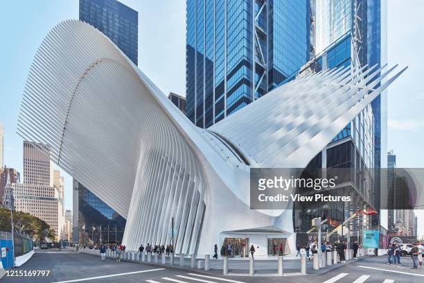 Oblique view of Oculus. The Oculus, World Trade Center Transportation Hub, New York City, United States. Architect: Santiago Calatrava, 2016..