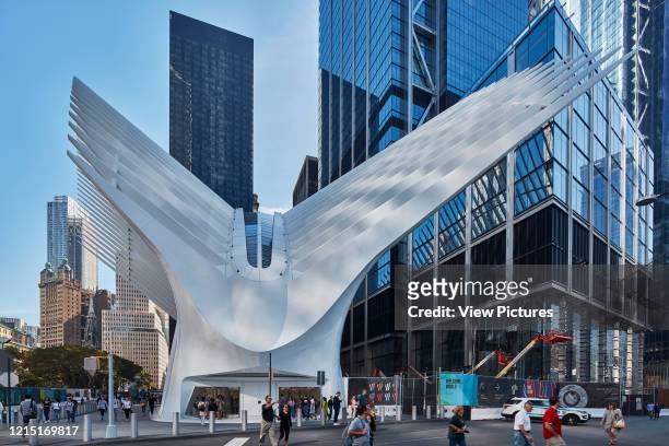 Oculus from straight on. The Oculus, World Trade Center Transportation Hub, New York City, United States. Architect: Santiago Calatrava, 2016..
