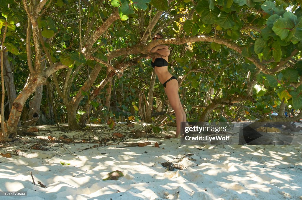 A woman leaning against a tree, standing in the sand in St. Thomas USVI