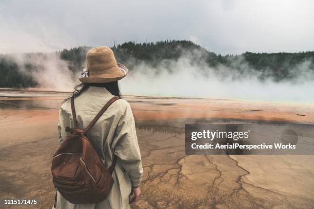 vue arrière de la femme à yellowstone - yellowstone photos et images de collection