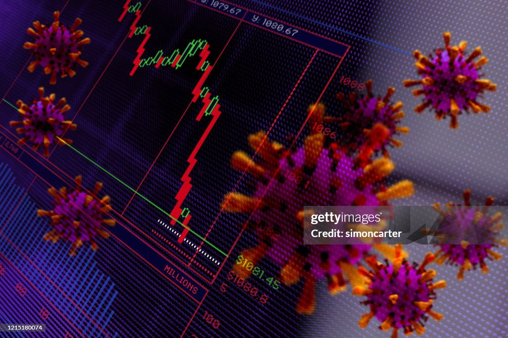 Financial Crash. Trading screen and Corona virus. Abstract image.