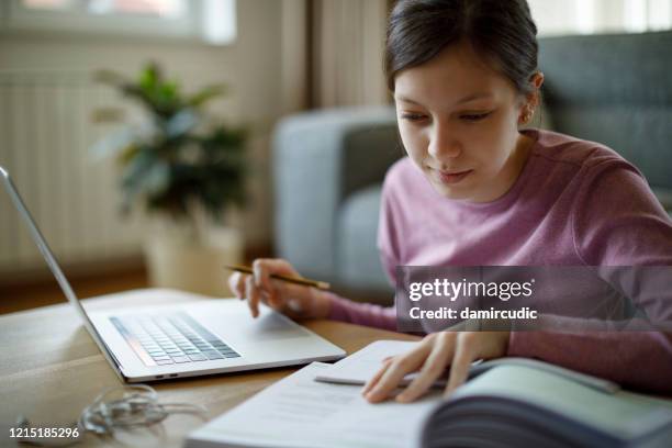 tiener die laptop gebruikt voor het bestuderen thuis - text book stockfoto's en -beelden