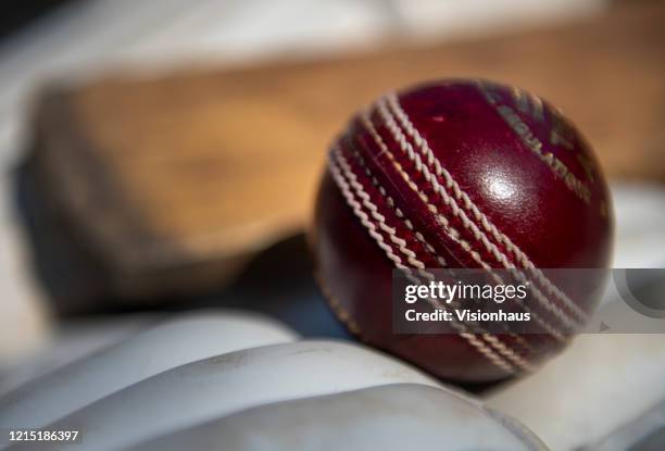 A Cricket Ball, Pads and a Bat on March 26, 2020 in Manchester, England
