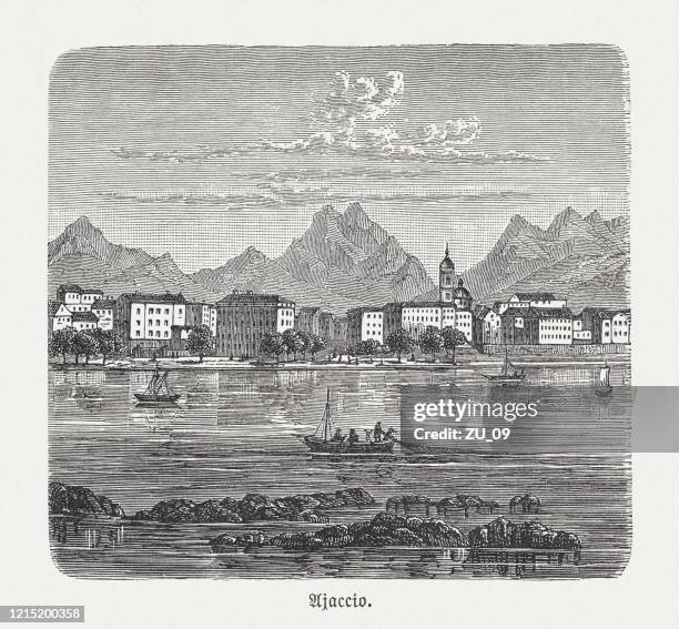 historical view of ajaccio, corsica, france, wood engraving, published 1893 - ajaccio stock illustrations