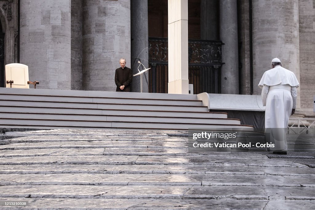 Pope Francis Prays On The Sagrato Of St Peter's To Deliver A Special Blessing