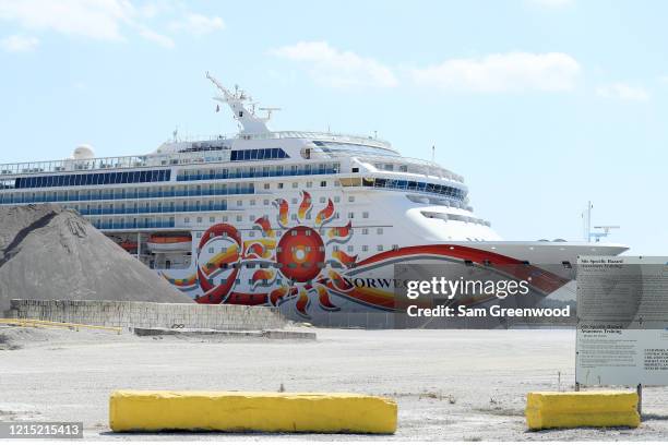 Norwegian Cruise Line's Norwegian Sun cruise ship is docked at the Port of Jacksonville amid the Coronavirus outbreak on March 27, 2020 in...