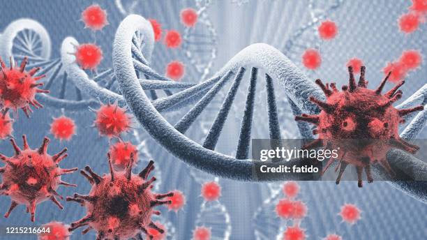 3d virus cells attacking a dna strand - herpes test stock pictures, royalty-free photos & images