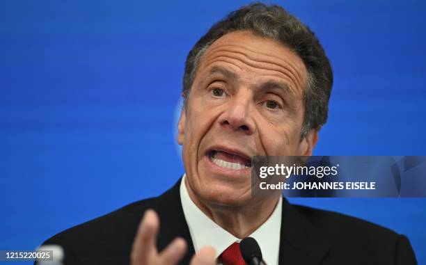 Governor of New York Andrew Cuomo speaks during a press conference at the New York Stock Exchange on May 26, 2020 at Wall Street in New York City....