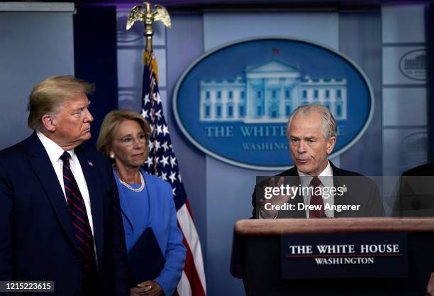 White House Trade and Manufacturing Policy Director Peter Navarro speaks as U.S. President Donald Trump and Secretary of Education Betsy DeVos during...