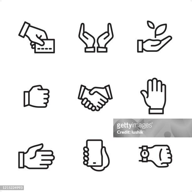 handzeichen - single line icons - hände schütteln stock-grafiken, -clipart, -cartoons und -symbole