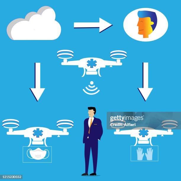 drones take a man's temperature, collect data and deliver a protective mask and gloves. - temperature screening stock illustrations