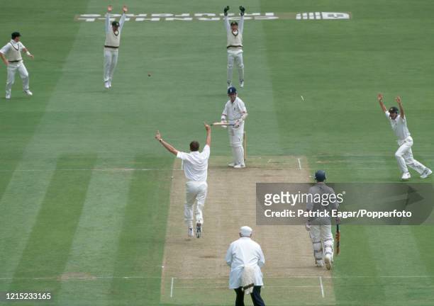 England batsman Alec Stewart is bowled for 1 run by Glenn McGrath of Australia during the 2nd Test match between England and Australia at Lord's...