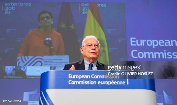 European High Representative of the Union for Foreign Affairs Josep Borrell speaks as Spanish Minister of Foreign Affairs, European Union and...