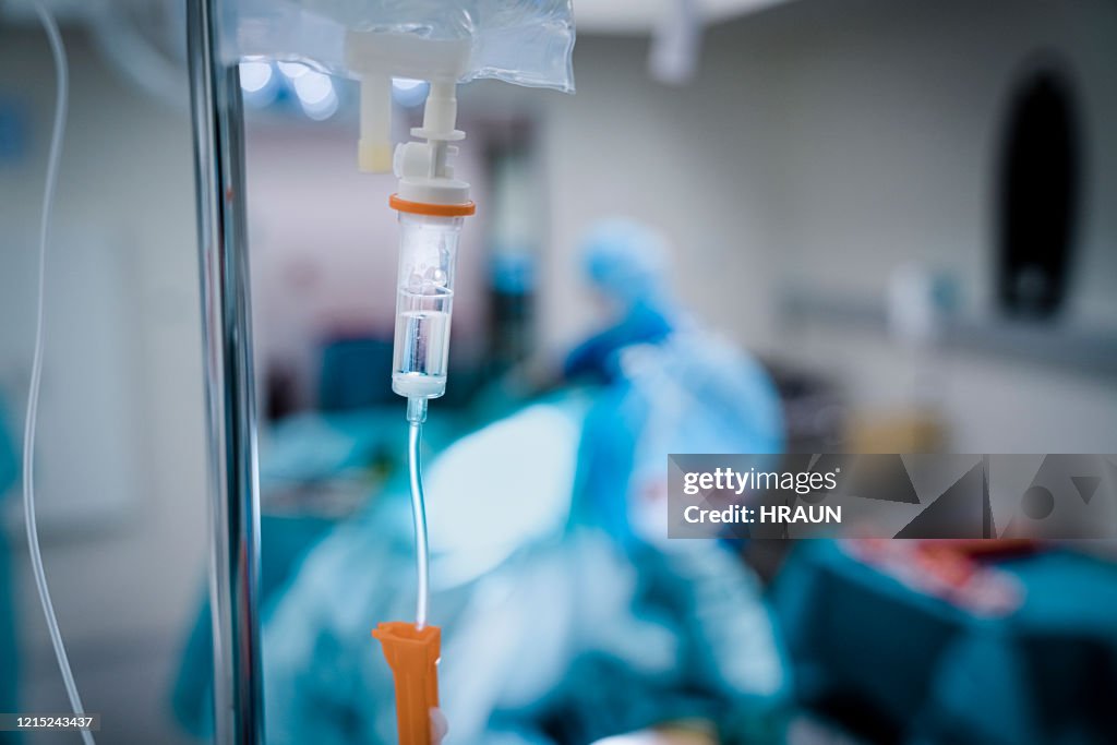 Close up of IV drip in emergency room.