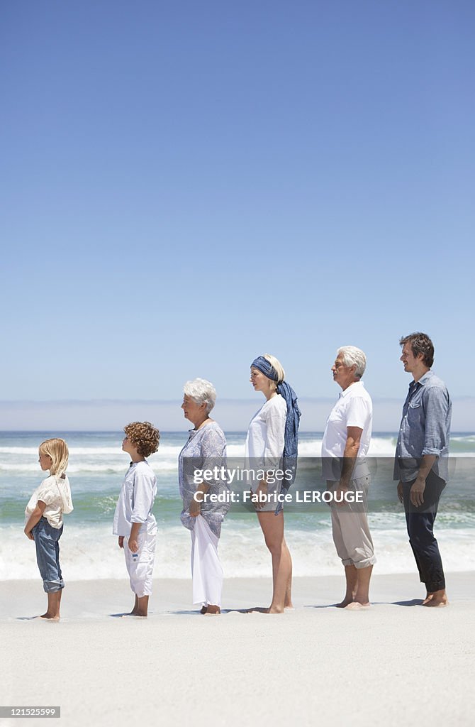 Family standing in row along the beach with kids 