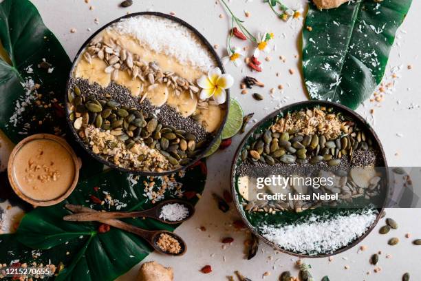 tropical smoothie bowls - chia flower stock pictures, royalty-free photos & images