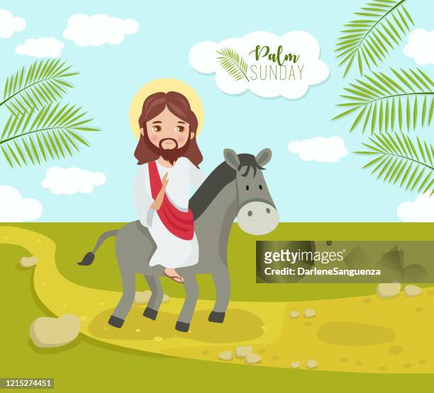 the triumphant entry of our lord jesus christ to jerusalem as palm sunday, a week before easter sunday. - palm sunday stock illustrations