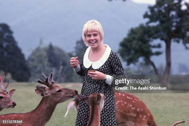 Figure skater Janet Lynn is surrounded by Japanese deers at Nara Park on June 26, 1972 in Nara, Japan.