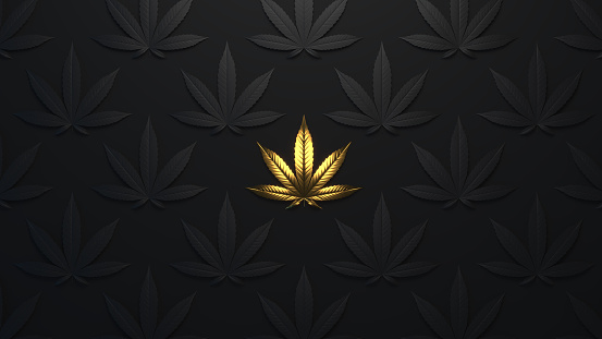Luxury golden background with cannabis leaves. Minimal trendy design wallpaper marijuana. Black and gold leaves cannabis.3d render. 3d illustration.