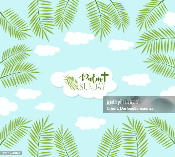 ilustrações, clipart, desenhos animados e ícones de o pôster do palm sunday com palmeiras sai como fronteira. espaço previsto para o texto. - semana santa