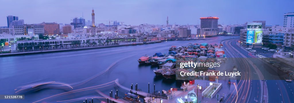 Activities on Dubai Creek as seen from Deira side, Dubai, United Arab Emirates.