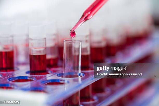 scientist hand holding test tube with blood in laboratory. - job aids stock pictures, royalty-free photos & images