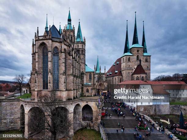 aerial view of st. severus church and cathedral of erfurt, thuringia, germany - thüringen stock-fotos und bilder