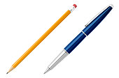 Office pen and pencil stationery in realistic style. Vector illustration.